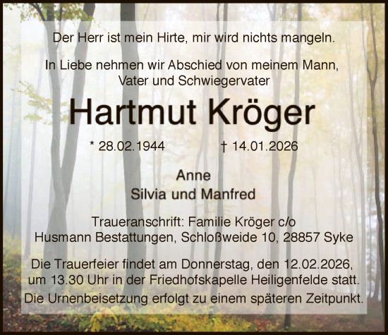 Traueranzeige von Hartmut Kröger von SYKS