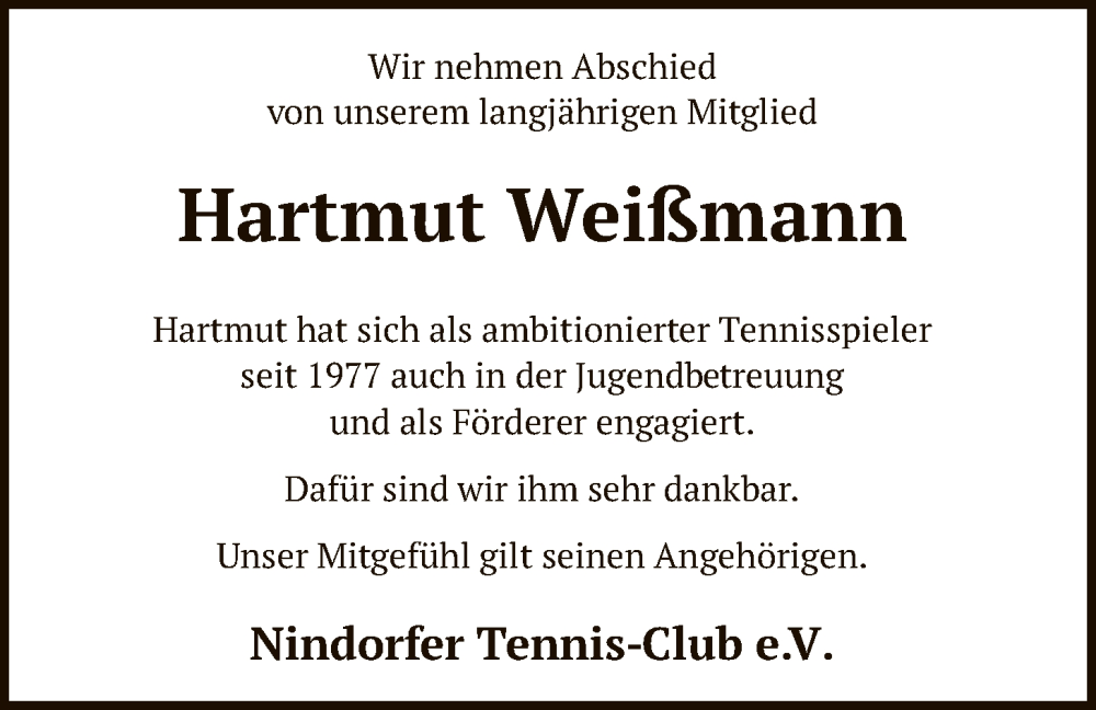  Traueranzeige für Hartmut Weißmann vom 21.01.2026 aus SYKS