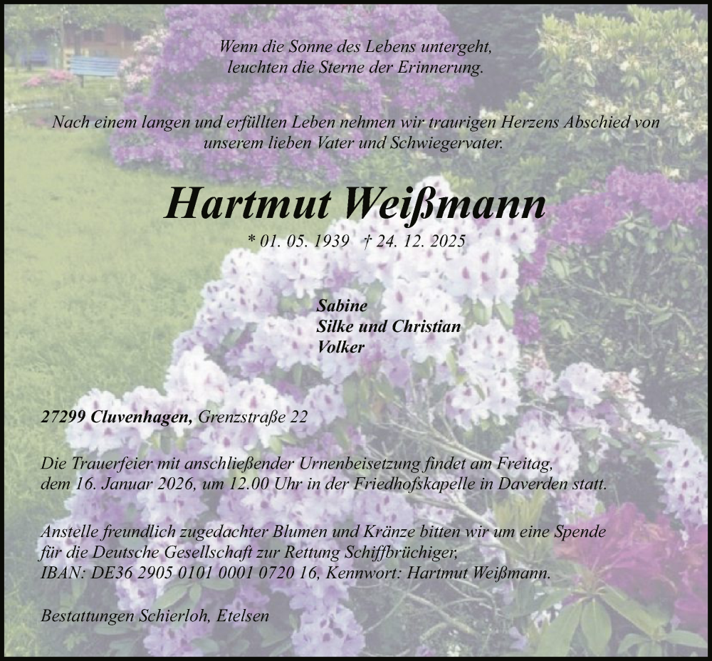  Traueranzeige für Hartmut Weißmann vom 10.01.2026 aus SYKS