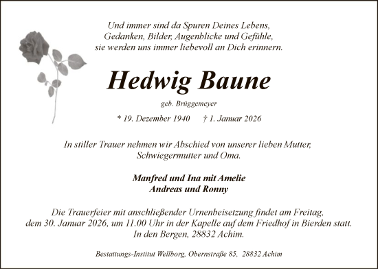 Traueranzeige von Hedwig Baune von SYKS