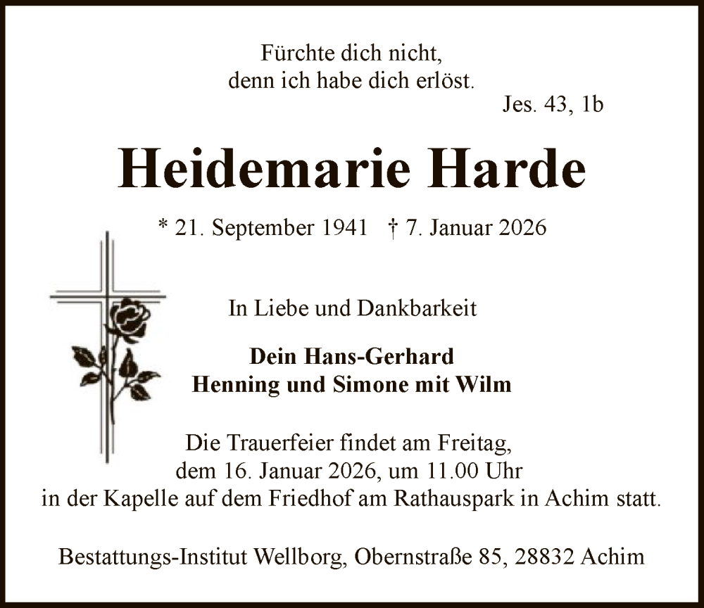  Traueranzeige für Heidemarie Harde vom 10.01.2026 aus SYKS