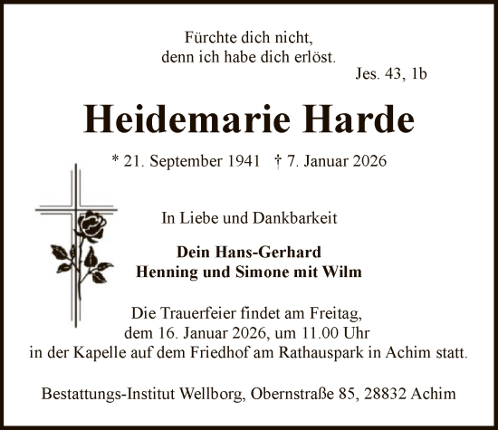 Traueranzeige von Heidemarie Harde von SYKS