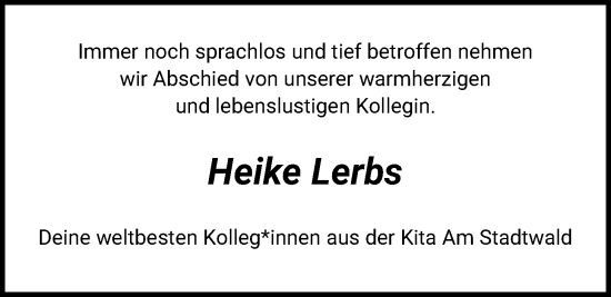 Traueranzeige von Heike Lerbs von SYKS