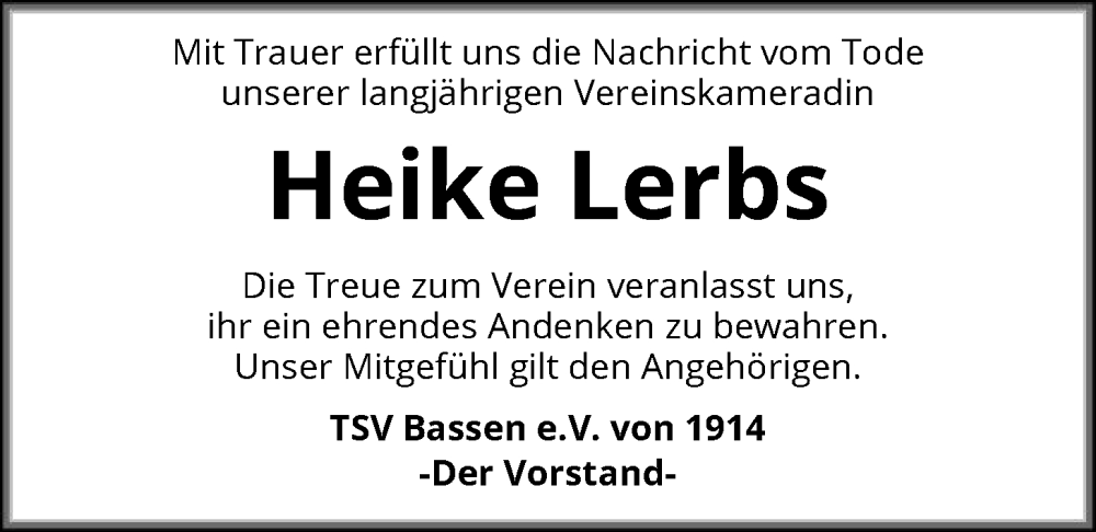  Traueranzeige für Heike Lerbs vom 28.01.2026 aus SYKS