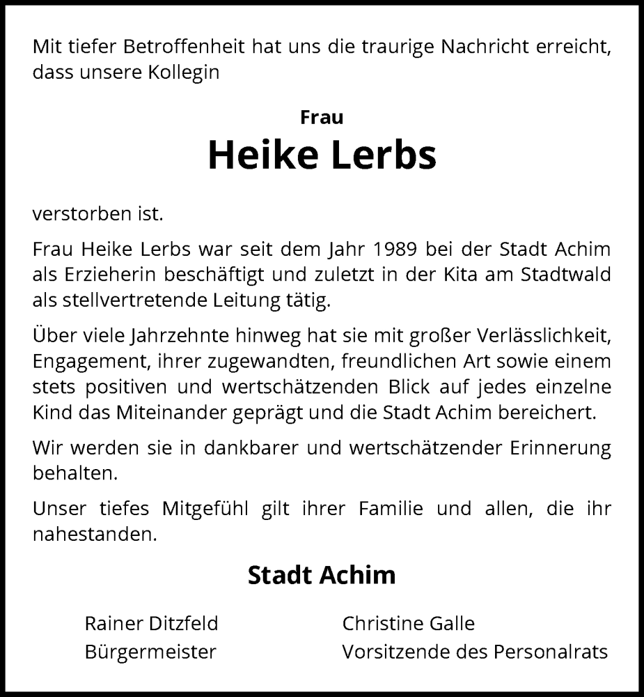  Traueranzeige für Heike Lerbs vom 28.01.2026 aus SYKS