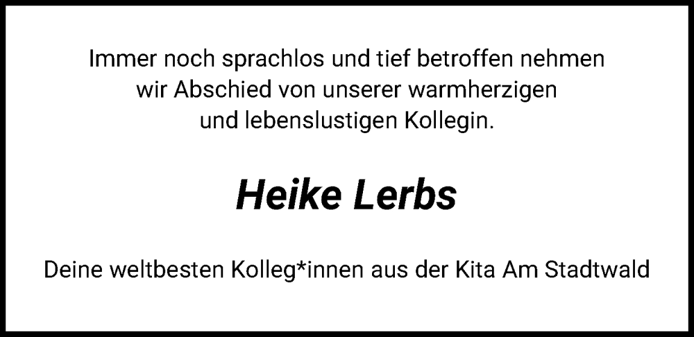  Traueranzeige für Heike Lerbs vom 28.01.2026 aus SYKS