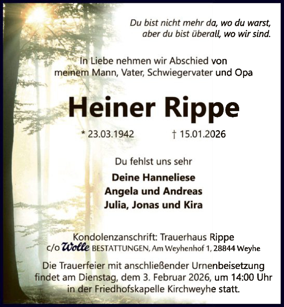  Traueranzeige für Heiner Rippe vom 24.01.2026 aus SYKS