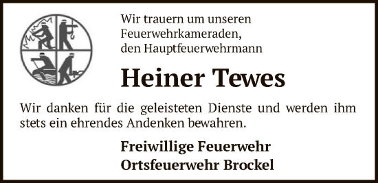 Traueranzeige von Heiner Tewes von SYKR