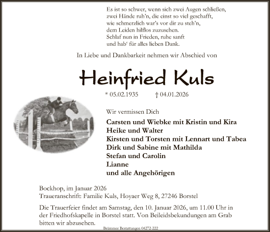 Traueranzeige von Heinfried Kuls von SYKS