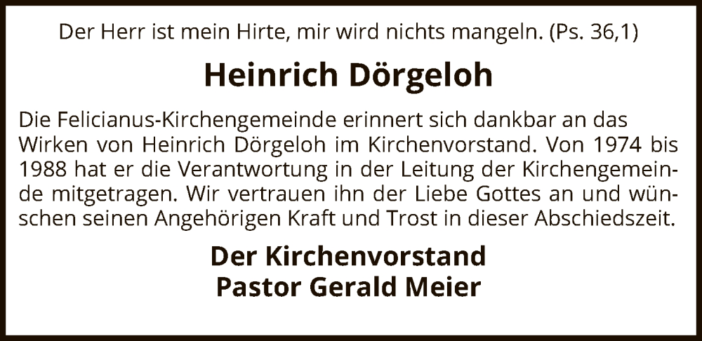  Traueranzeige für Heinrich Dörgeloh vom 24.01.2026 aus SYKS