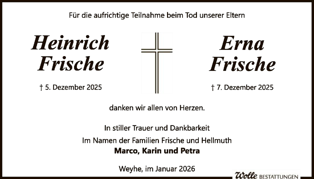  Traueranzeige für Heinrich Frische vom 31.01.2026 aus SYKS