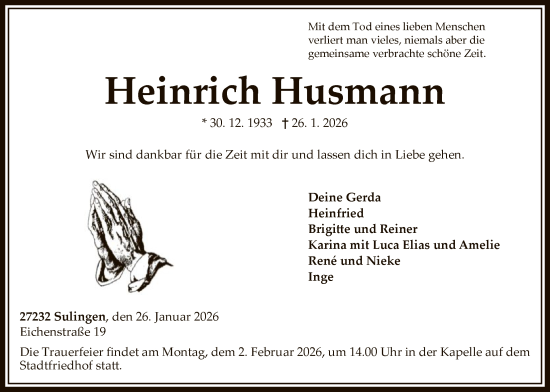 Traueranzeige von Heinrich Husmann von SYKS