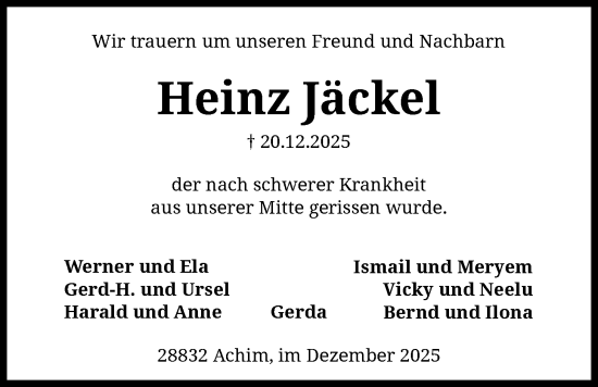 Traueranzeige von Heinz Jäckel von SYKS