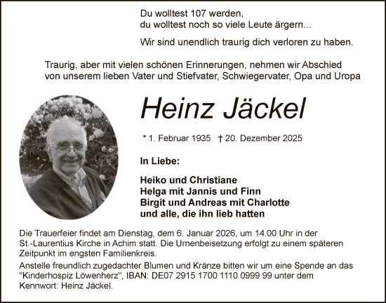 Traueranzeige von Heinz Jäckel von SYKS