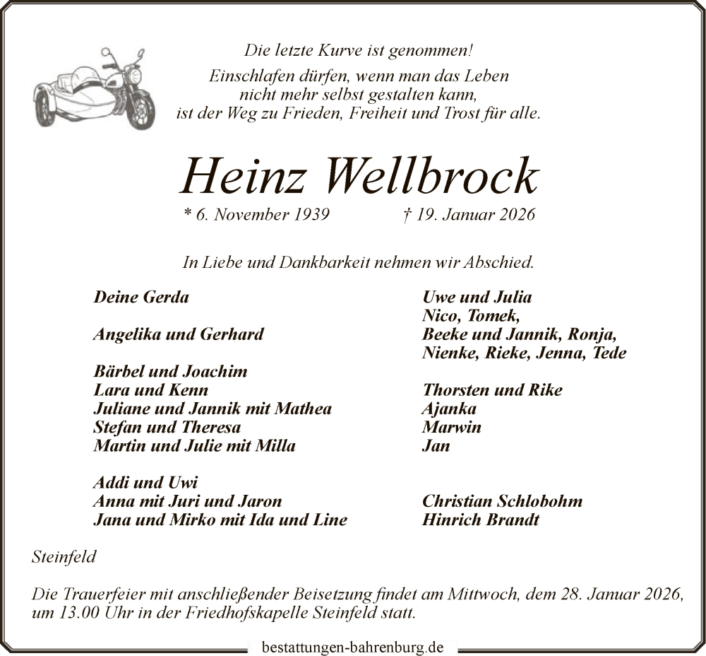  Traueranzeige für Heinz Wellbrock vom 24.01.2026 aus SYKR
