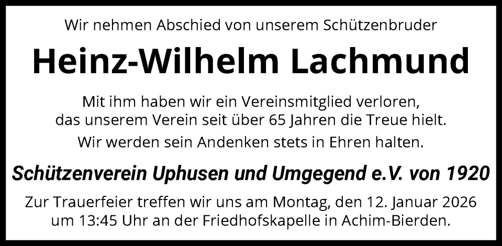  Traueranzeige für Heinz-Wilhelm Lachmund vom 03.01.2026 aus SYKS