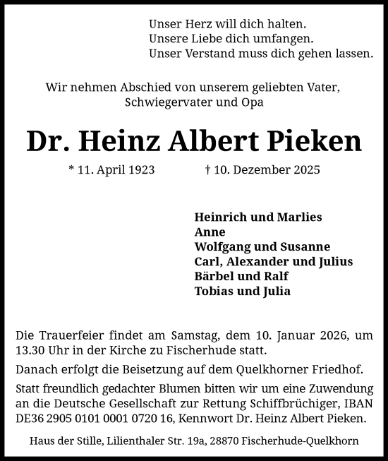 Traueranzeige von Heinz Albert Pieken von SYKS