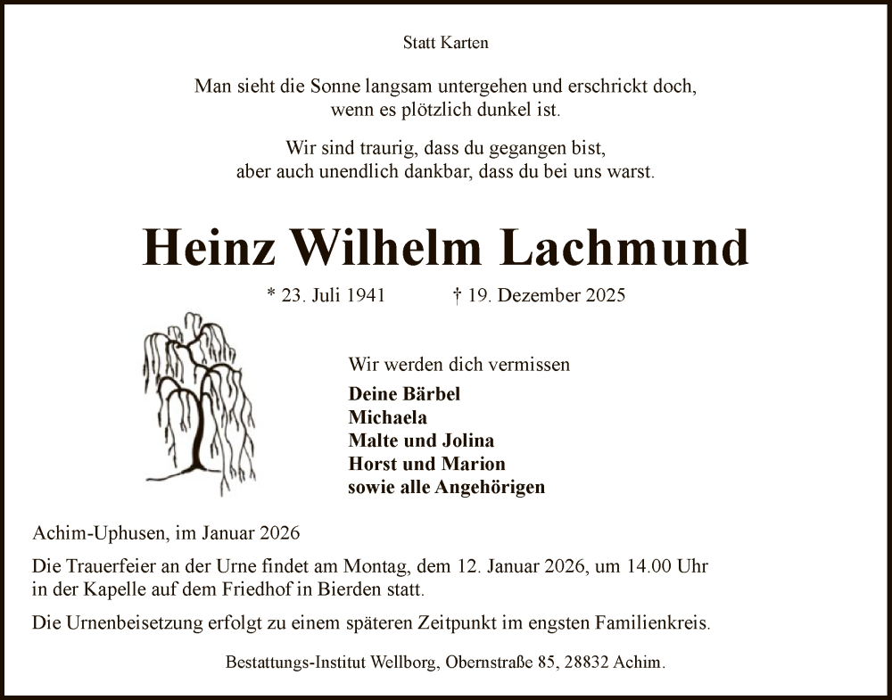  Traueranzeige für Heinz Wilhelm Lachmund vom 03.01.2026 aus SYKS