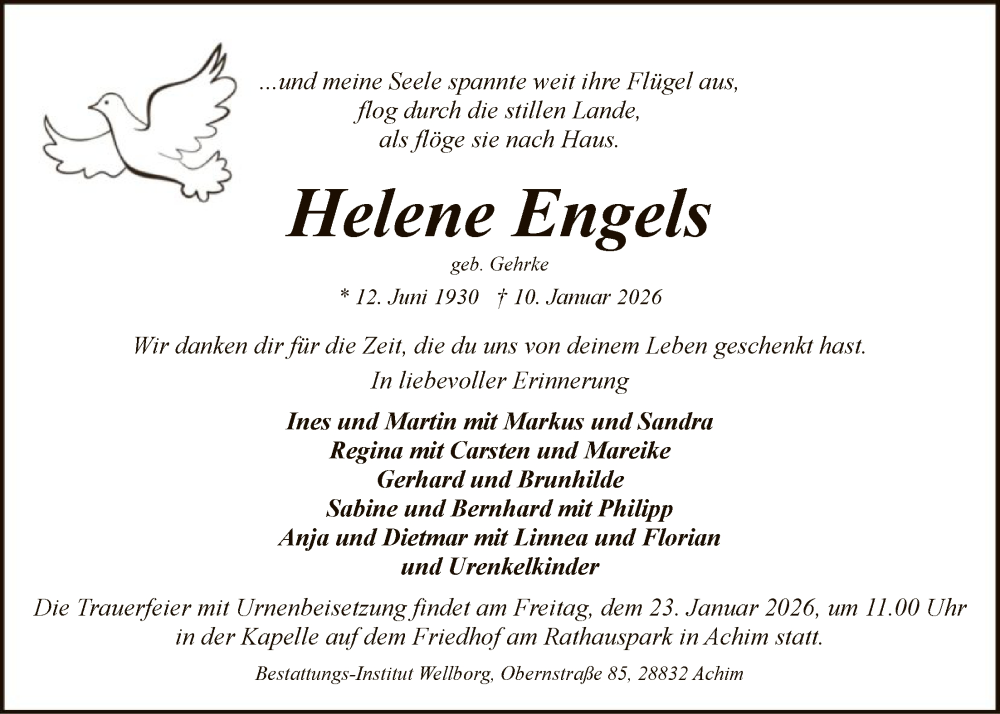  Traueranzeige für Helene Engels vom 17.01.2026 aus SYKS