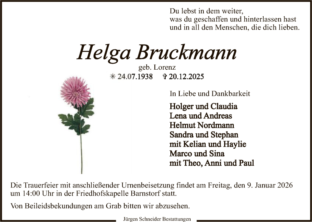  Traueranzeige für Helga Bruckmann vom 03.01.2026 aus SYKS