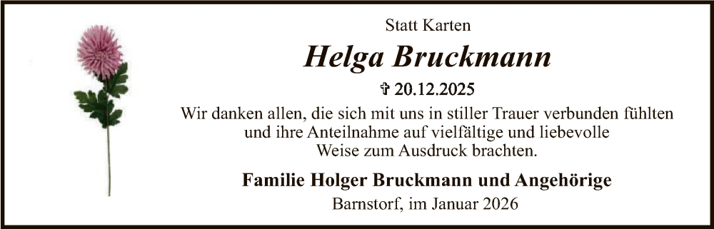  Traueranzeige für Helga Bruckmann vom 31.01.2026 aus SYKS