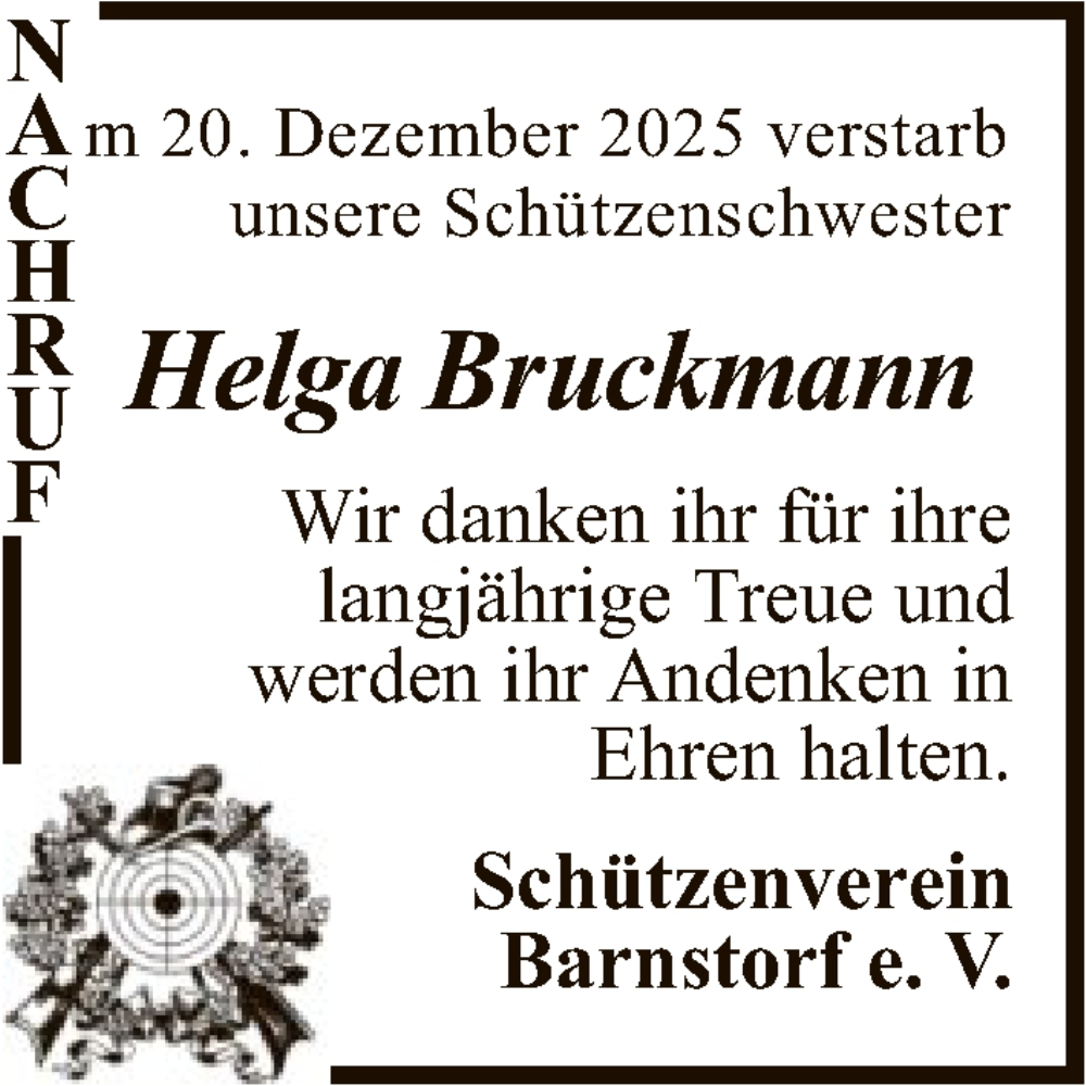  Traueranzeige für Helga Bruckmann vom 03.01.2026 aus SYKS