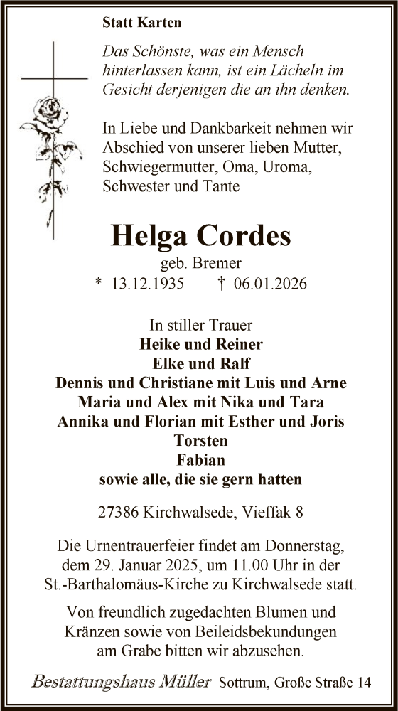  Traueranzeige für Helga Cordes vom 10.01.2026 aus SYKR