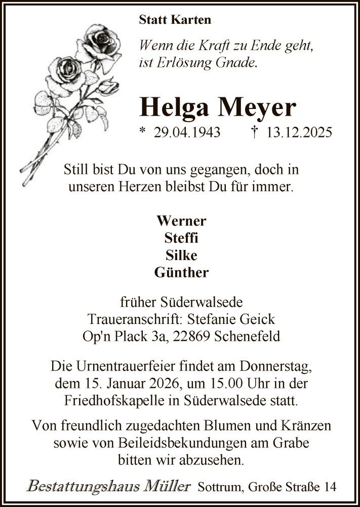  Traueranzeige für Helga Meyer vom 06.01.2026 aus SYKR