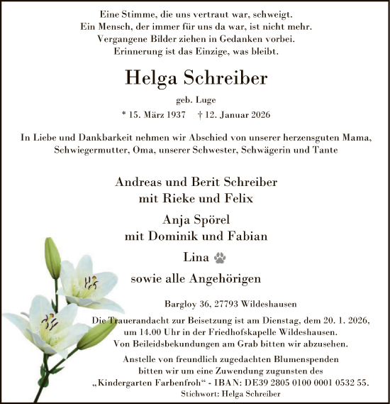 Traueranzeige von Helga Schreiber von SYWZ