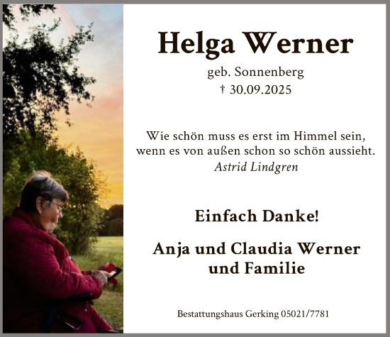 Traueranzeige von Helga Werner von SYKS