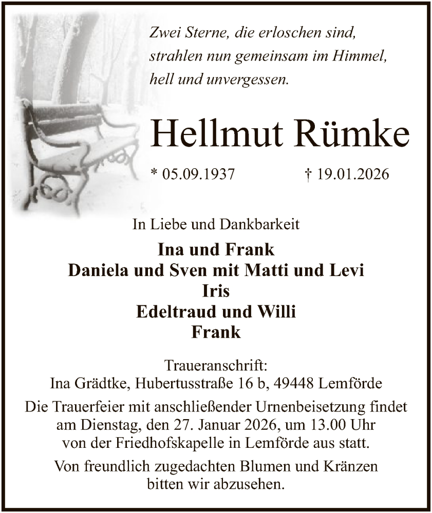  Traueranzeige für Hellmut Rümke vom 24.01.2026 aus SYKS