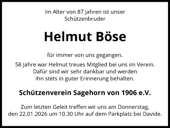 Traueranzeige von Helmut Böse von SYKS