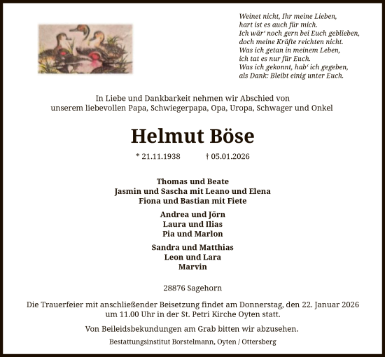 Traueranzeige von Helmut Böse von SYKS