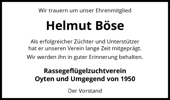 Traueranzeige von Helmut Böse von SYKS