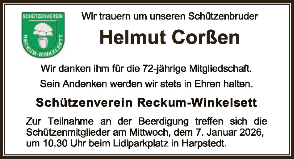  Traueranzeige für Helmut Corßen vom 03.01.2026 aus SYKSSYWZ