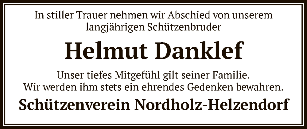  Traueranzeige für Helmut Danklef vom 10.01.2026 aus SYKS