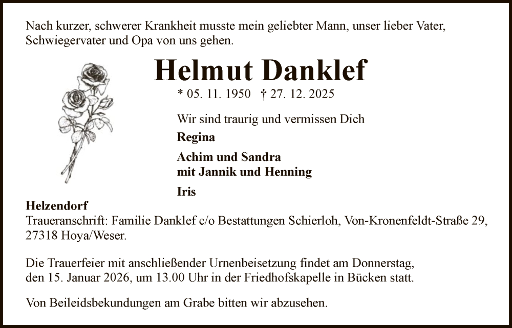  Traueranzeige für Helmut Danklef vom 10.01.2026 aus SYKS