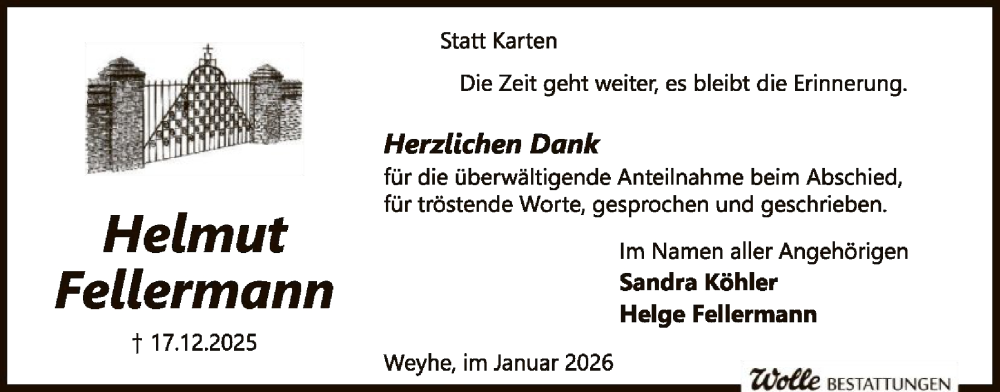  Traueranzeige für Helmut Fellermann vom 17.01.2026 aus SYKS