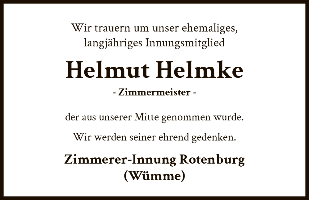  Traueranzeige für Helmut Helmke vom 31.01.2026 aus SYKR