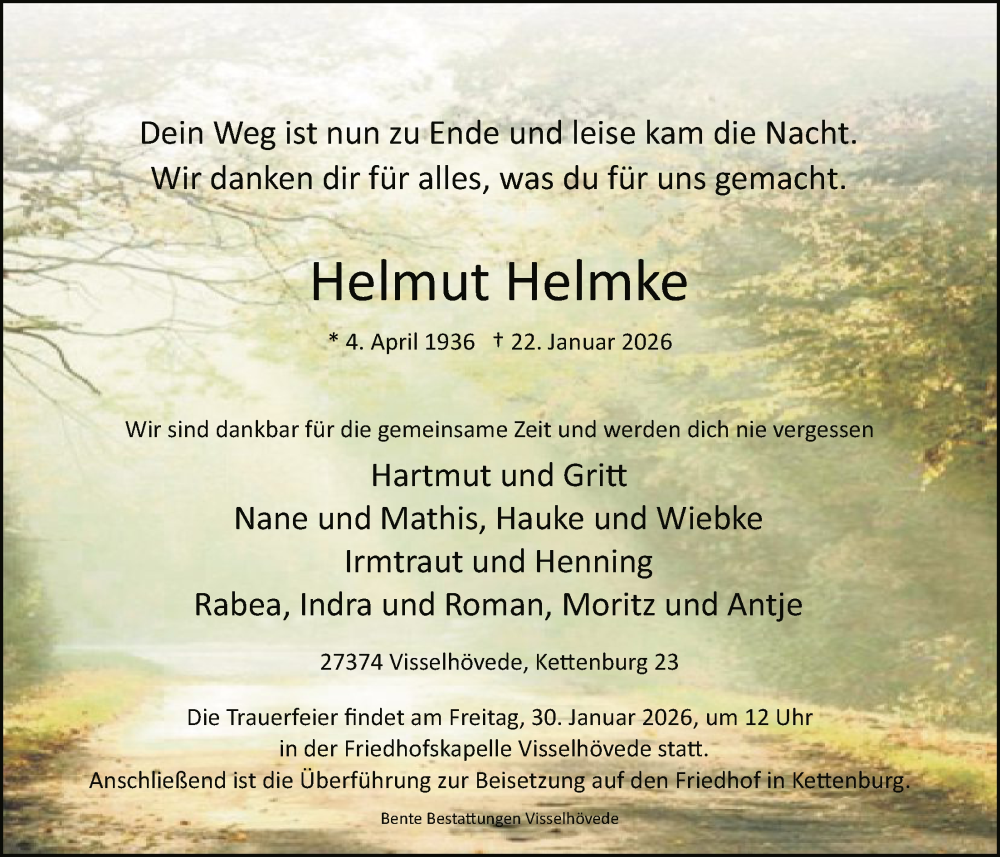  Traueranzeige für Helmut Helmke vom 27.01.2026 aus SYKR