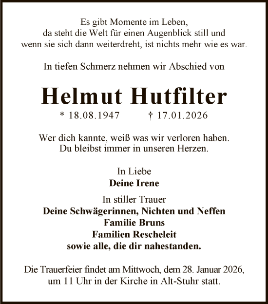 Traueranzeige von Helmut Hutfilter von SYKS