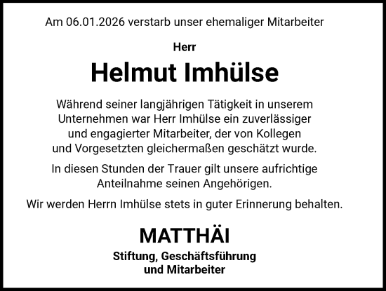 Traueranzeige von Helmut Imhülse von SYKS
