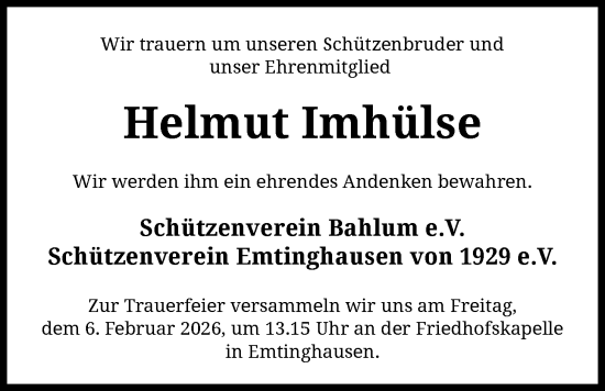 Traueranzeige von Helmut Imhülse von SYKS