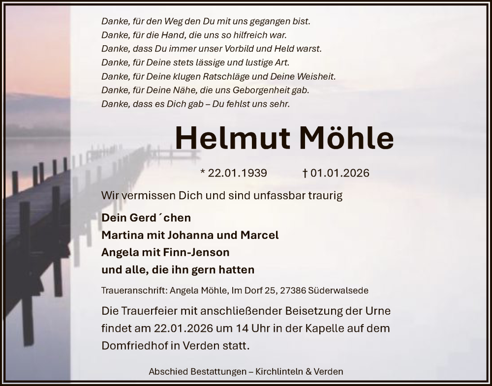  Traueranzeige für Helmut Möhle vom 17.01.2026 aus SYKS