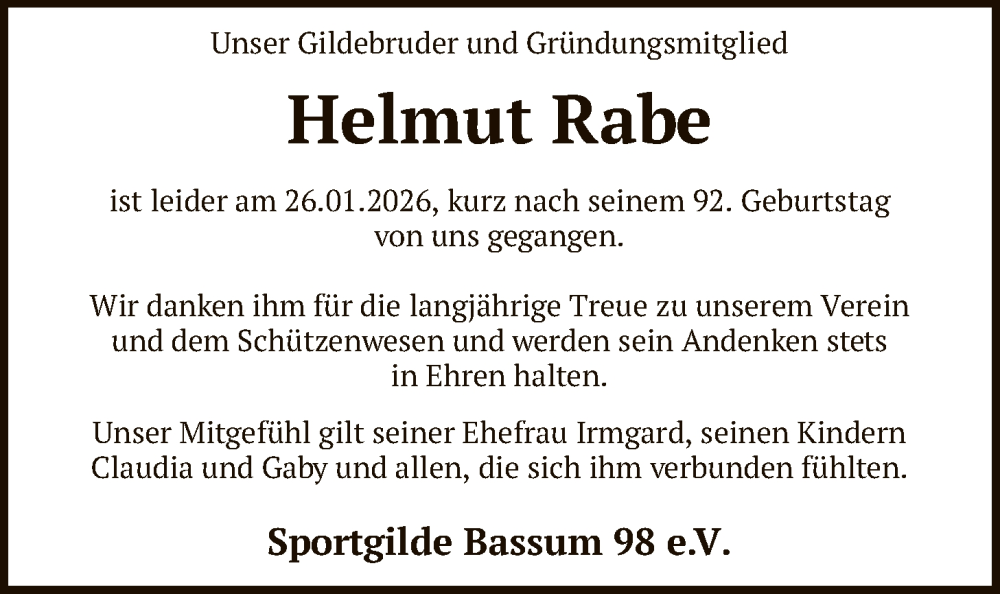  Traueranzeige für Helmut Rabe vom 31.01.2026 aus SYKS