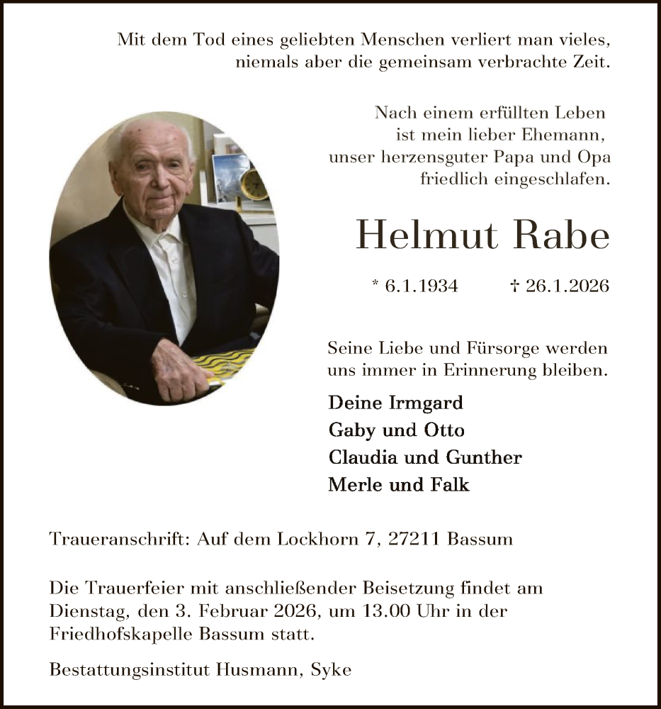  Traueranzeige für Helmut Rabe vom 31.01.2026 aus SYKS