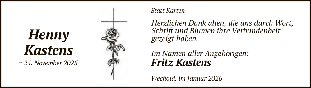  Traueranzeige für Henny Kastens vom 10.01.2026 aus SYKS