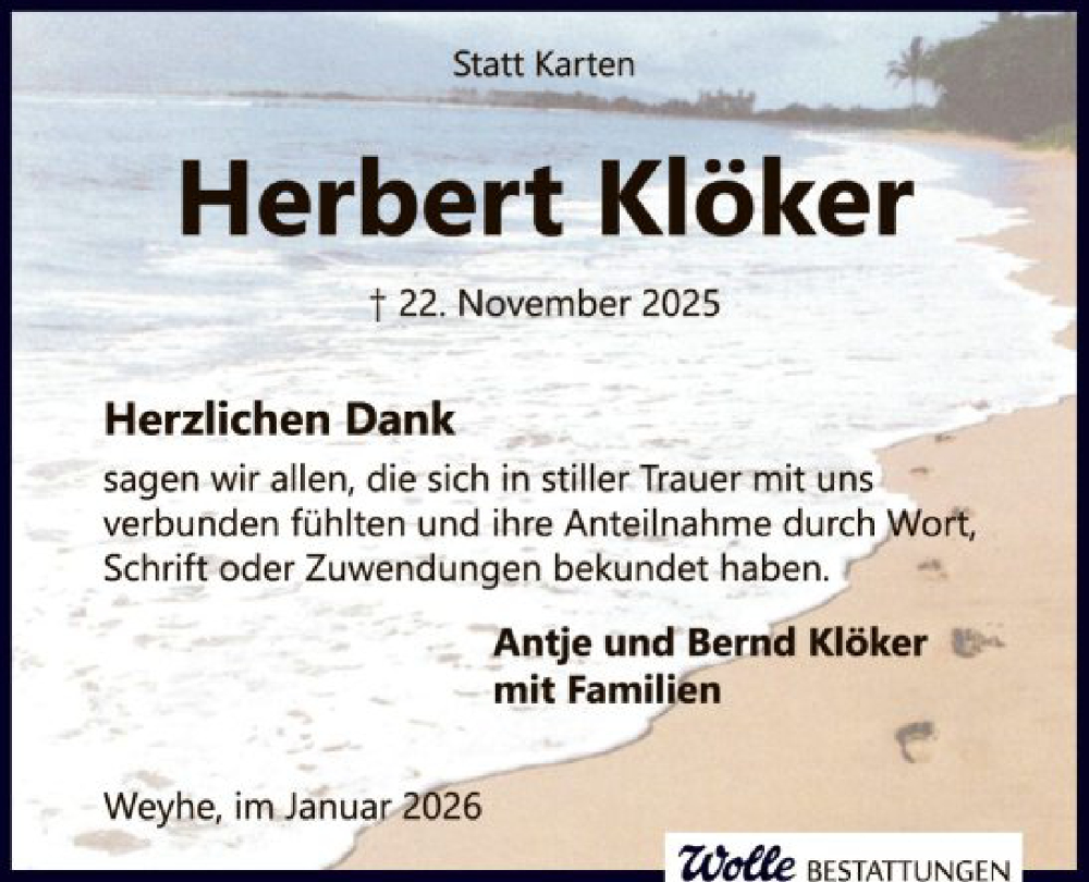  Traueranzeige für Herbert Klöker vom 03.01.2026 aus SYKS