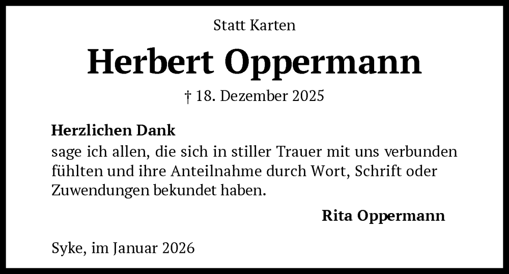  Traueranzeige für Herbert Oppermann vom 17.01.2026 aus SYKS