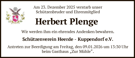 Traueranzeige von Herbert Plenge von SYKS